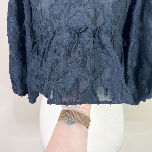 NEW Free People | Callie Puff Sleeve Flocked Open Tie Back Peplum Crop Top XS - Picture 6 of 12